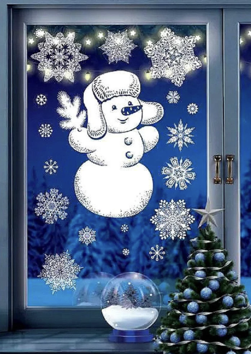 Наклейка на окно "Снеговик со снежинками"