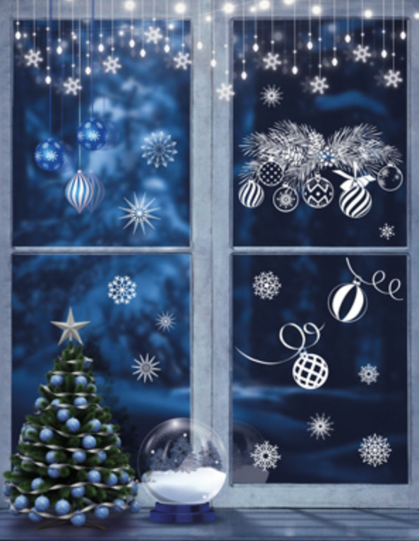 Наклейка на окно "Новогодние шары на еловой ветке с шишками"
